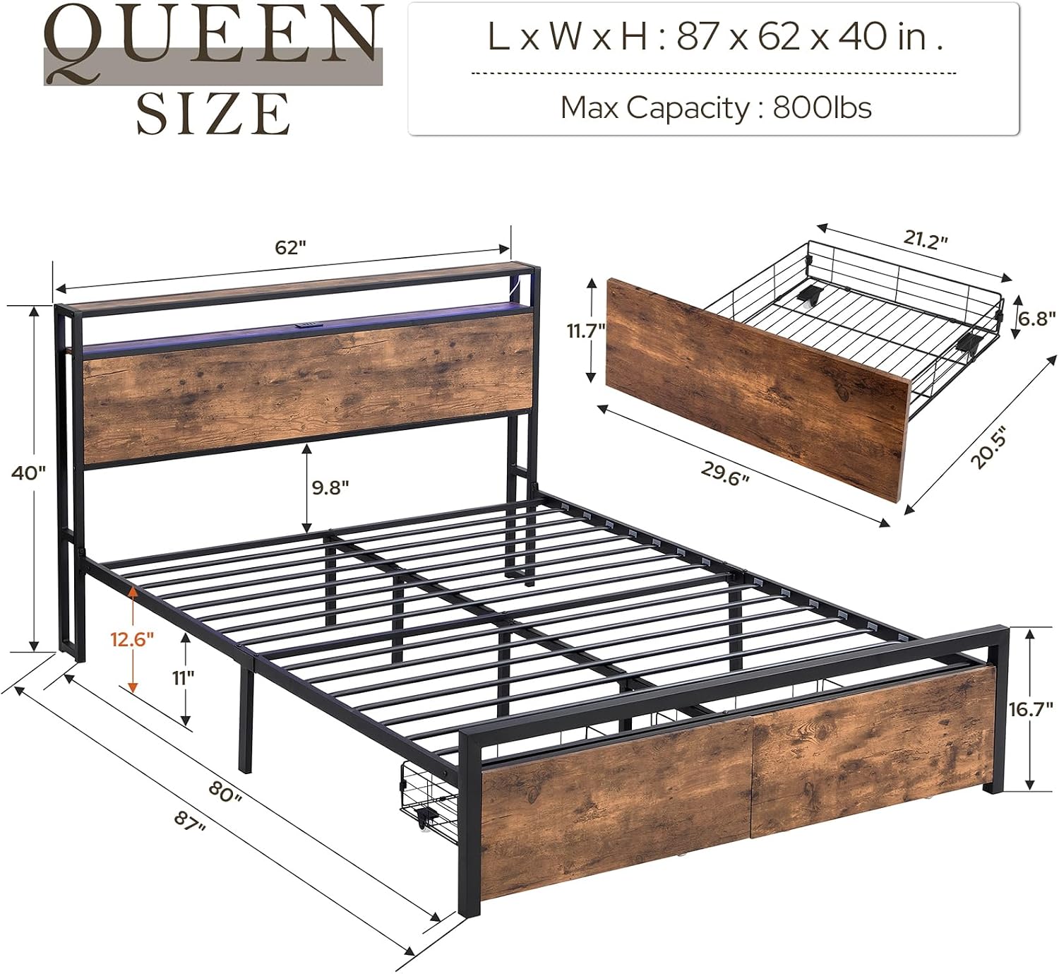 Zevemomo Queen Bed Frame with Drawers, LED Queen Bed Frame with Headboard, Charging Station with 3 USB Ports & 1 Type-C Port, No Noise, Rustic Brown