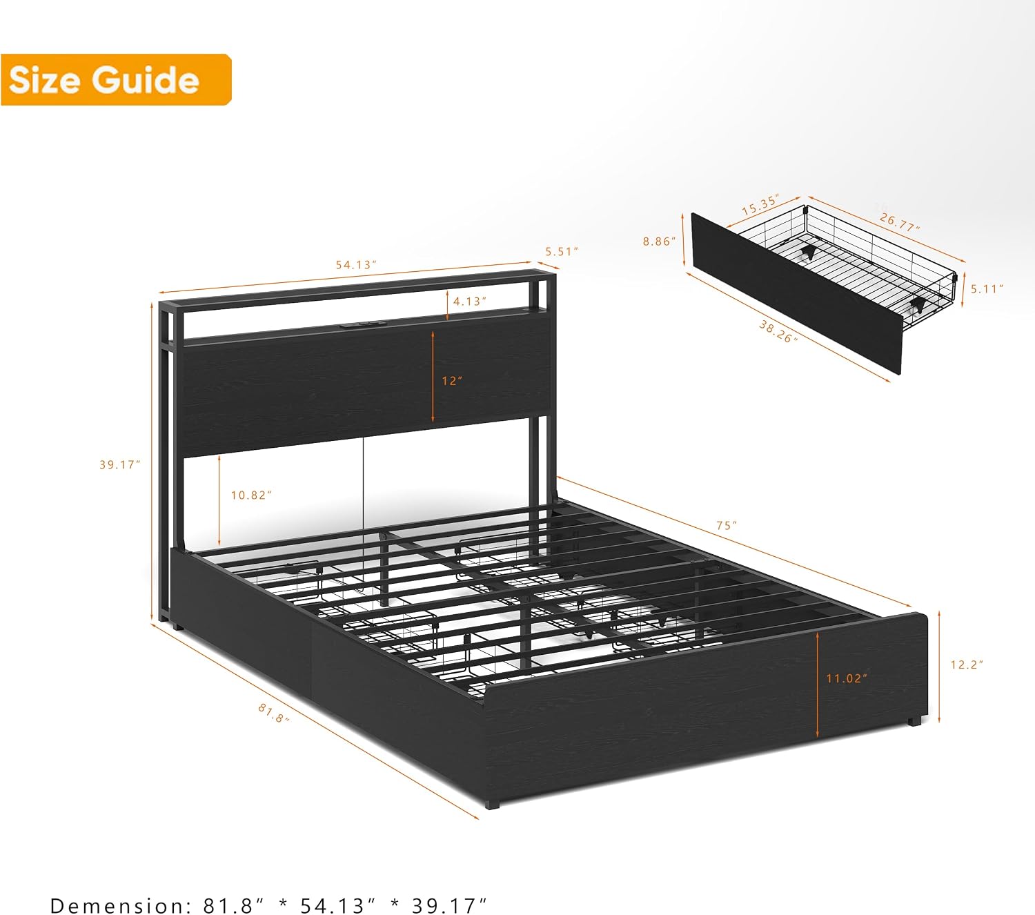 Bellemave Full Size Bed Frame with 4 Storage Drawers and Charging, Full Size Bed Frame with Headboard and Charging Station and with Led Lightstation, No Box Spring Needed, (Full, Black)