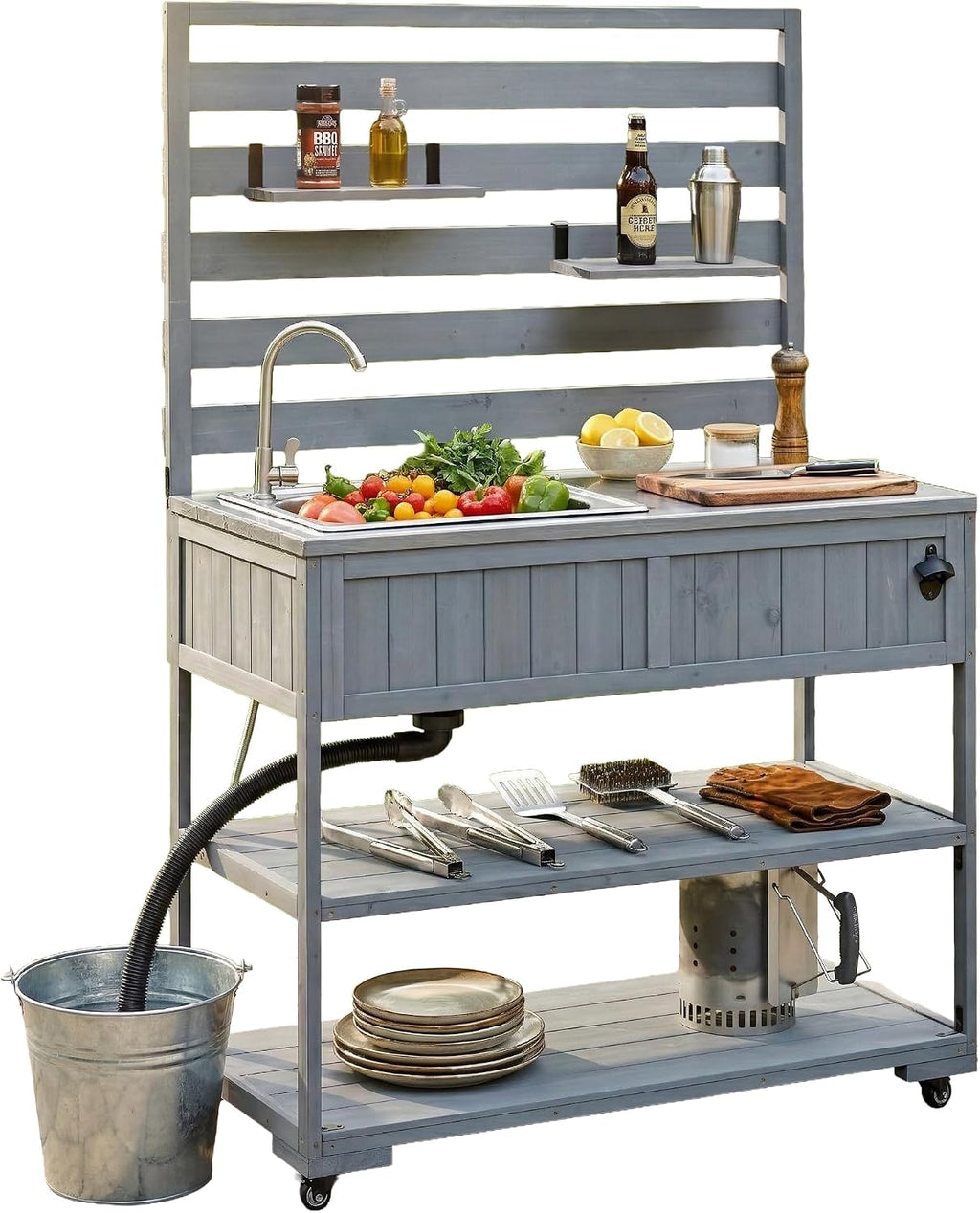 Outdoor Kitchen Island with Sink and Stainless Steel Top, 65 in | Fir wood, stainless steel top, sink, faucet, movable shelves, bottle opener, lockable wheels, 41.7 W x 16.6 D x 65 H in
