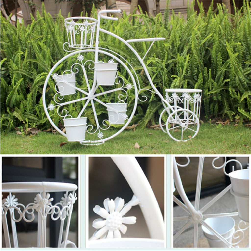 Moveable Plant Shelf for Indoor Outdoor,Heavy Duty Metal Multiple Plant Rack Holder,Creative European Style Bicycle Iron Flower Stand,Outdoor Garden Potting Bench Table,for Patio, Balcony,White