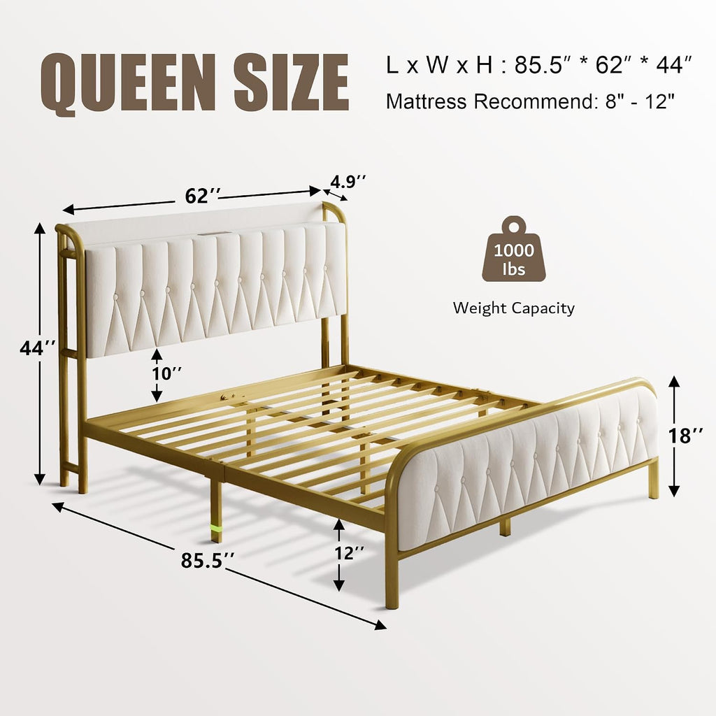 Einhomn Velvet Queen Bed Frame with Charging Station, Platform Bed with Upholstered Storage Headboard & Footboard, 12' Underbed Space, Noise-Free, Easy Assembly, No Box Spring Needed, Beige