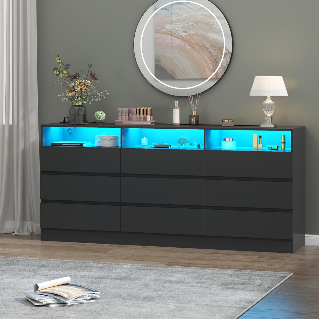 Loomie 9 Drawers Dresser, White Drawer Cabinet with Power Outlet, Accent Chests of Drawers with LED Light, Modern Storage Chest for Bedroom, Living Room (9 Drawers Black)