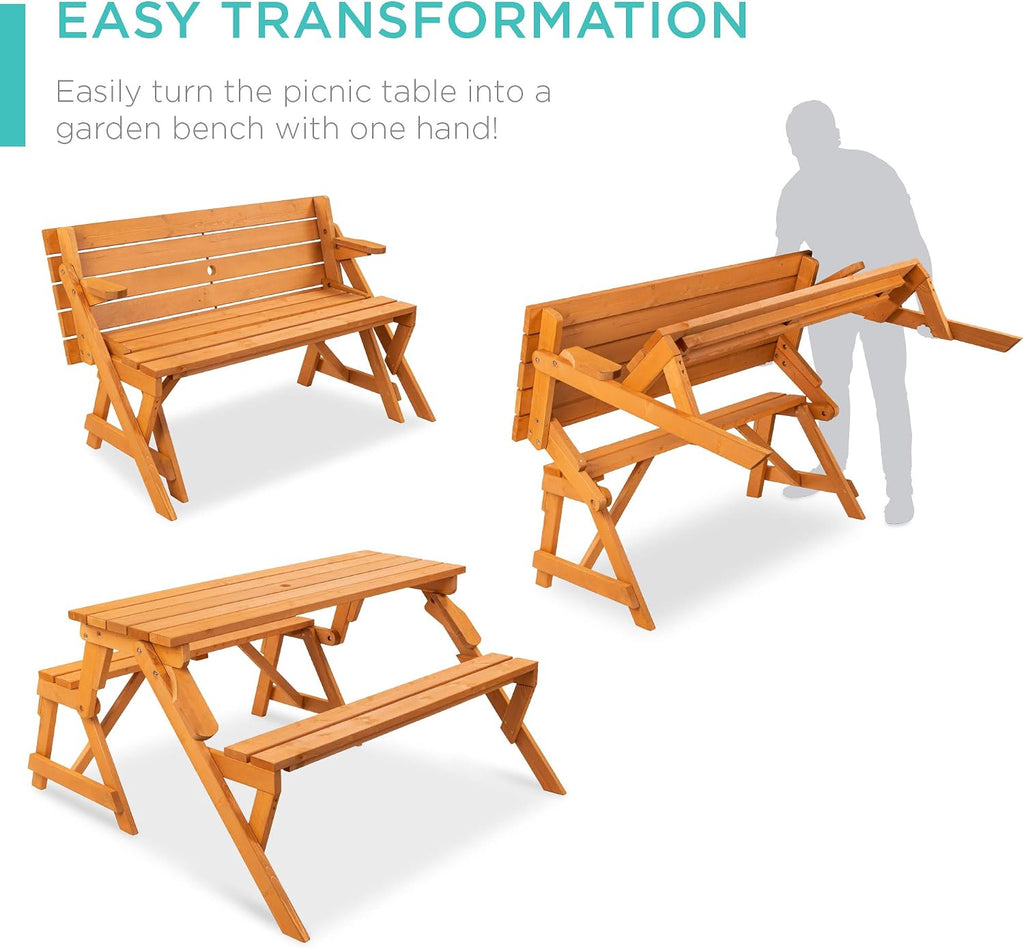Best Choice Products 2-in-1 Transforming Interchangeable Outdoor Wooden Picnic Table Garden Bench for Backyard, Porch, Patio, Deck w/Umbrella Hole - Natural