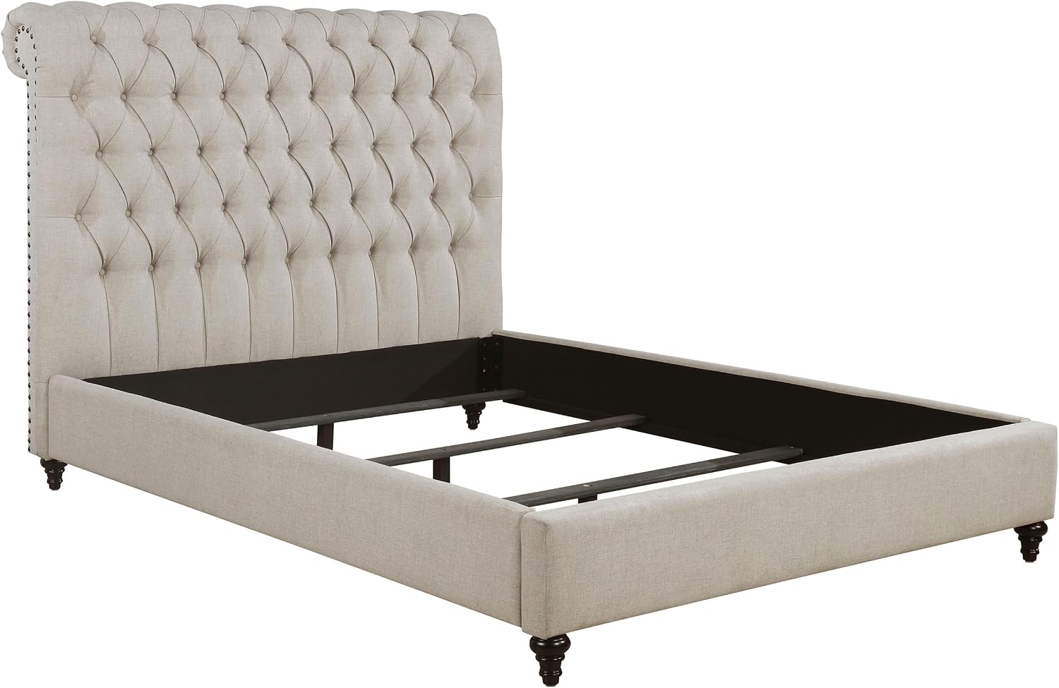 Coaster Home Furnishings - Devon - Wood - Upholstered Panel Bed with Tall Rolled Headboard, Button Tufting, Nail Head Trim and Turned Legs - Bedroom - Eastern King Size - Beige - 300525KE
