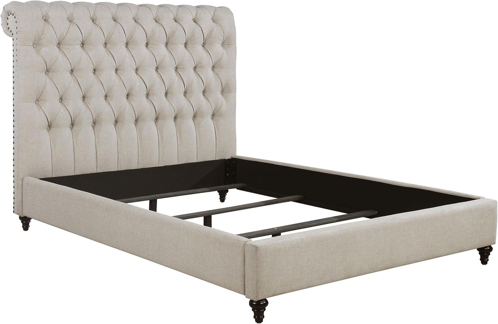 Coaster Home Furnishings - Devon - Wood - Upholstered Panel Bed with Tall Rolled Headboard, Button Tufting, Nail Head Trim and Turned Legs - Bedroom - Queen Size - Beige - 300525Q