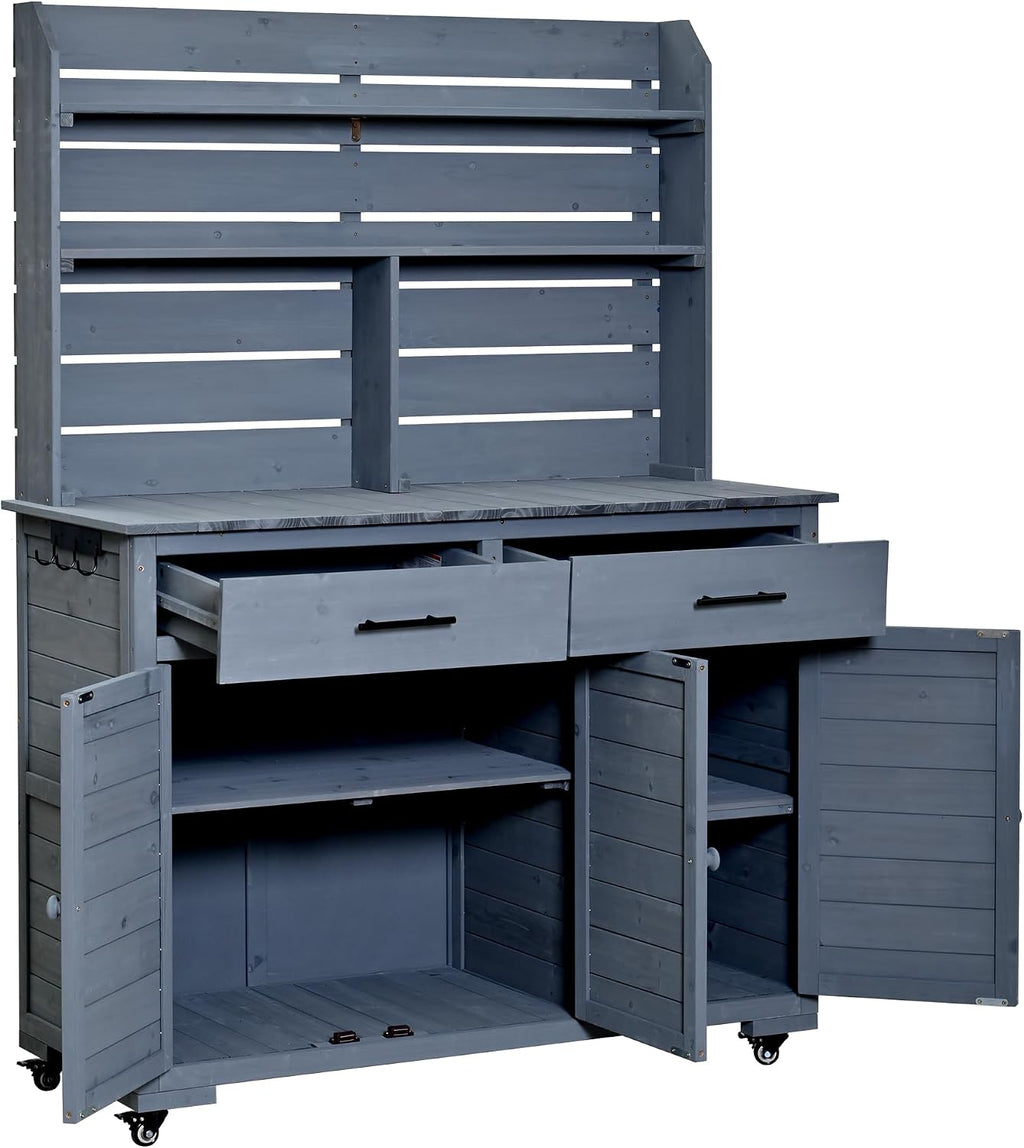 65''H Large Garden Potting Bench with Lockable Wheels and Storage,Wood Outdoor Kitchen Island Prep Cart with Hutch Top,Drawers and Removal Shelves for Grilling (Gray-LG)