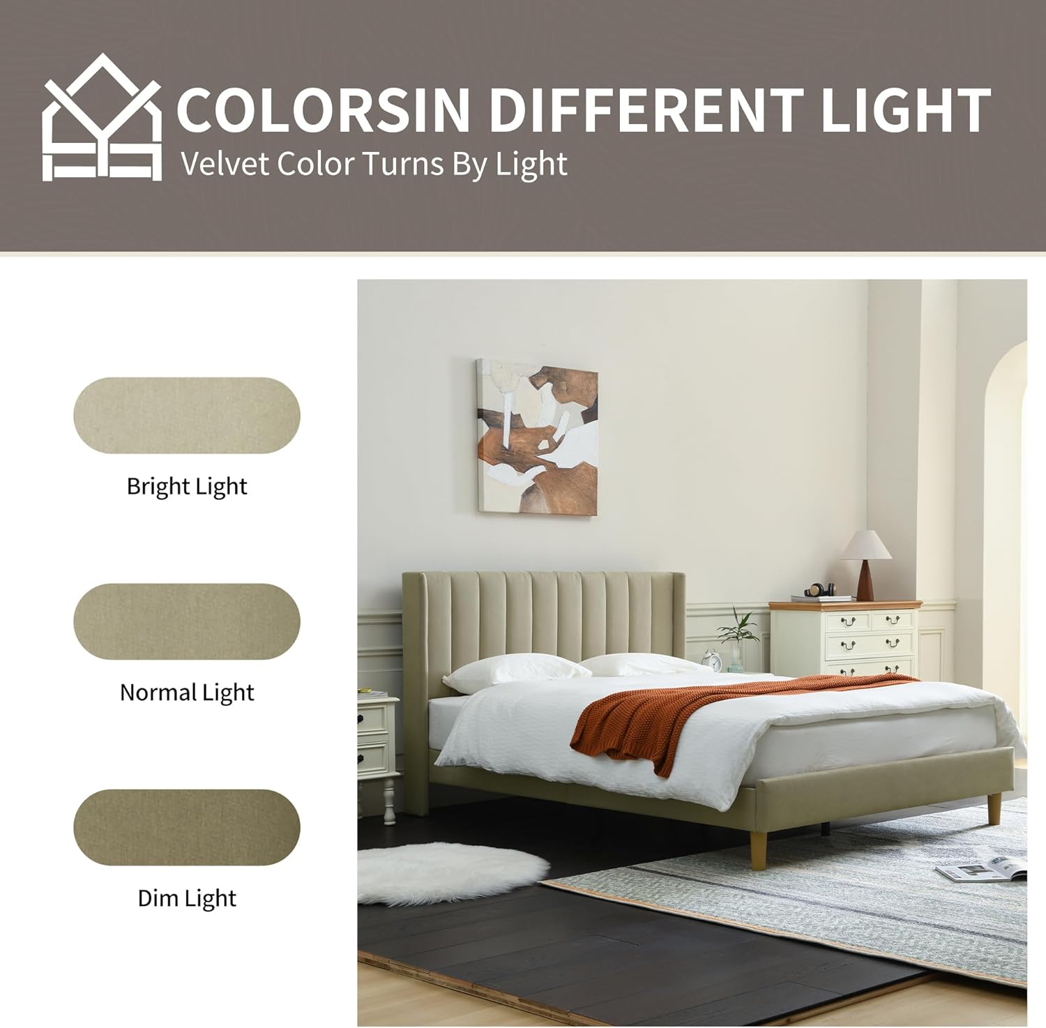 YUHUASHI upholstered Platform Bed Frame/Full Bed Frame/Modern Geometric Double-Wing Design headboard/Linen Fabric/Easy to Assemble no Noise (Beige, Full)