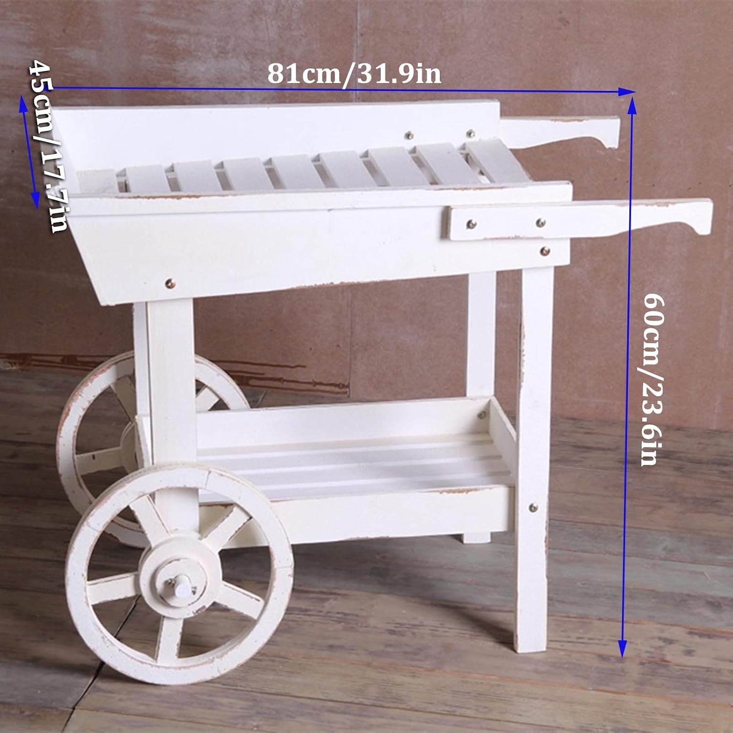 Outdoor Potting Bench Cart Table, Home and Outdoor Multifunctional Wooden Table Top Worktable On Two Wheels