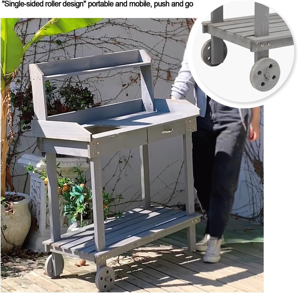 Outdoor Potting Bench Table,Potting Bench Table,Wooden Gardening Plant Workstation,w/Wheels and Drawer Open Shelf,for Outside Patio Lawn Garden,
