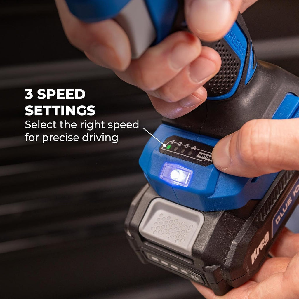 Kreg 20V Ionic Drive 1/4' Compact Impact Driver, 20V Blue Ion Charger & Blue Ion 2Ah Battery Pack - Compact, Cordless Driver with 2,200 in-lbs of Torque - 20V Variable Speed - LED Light - KPTBDV025A