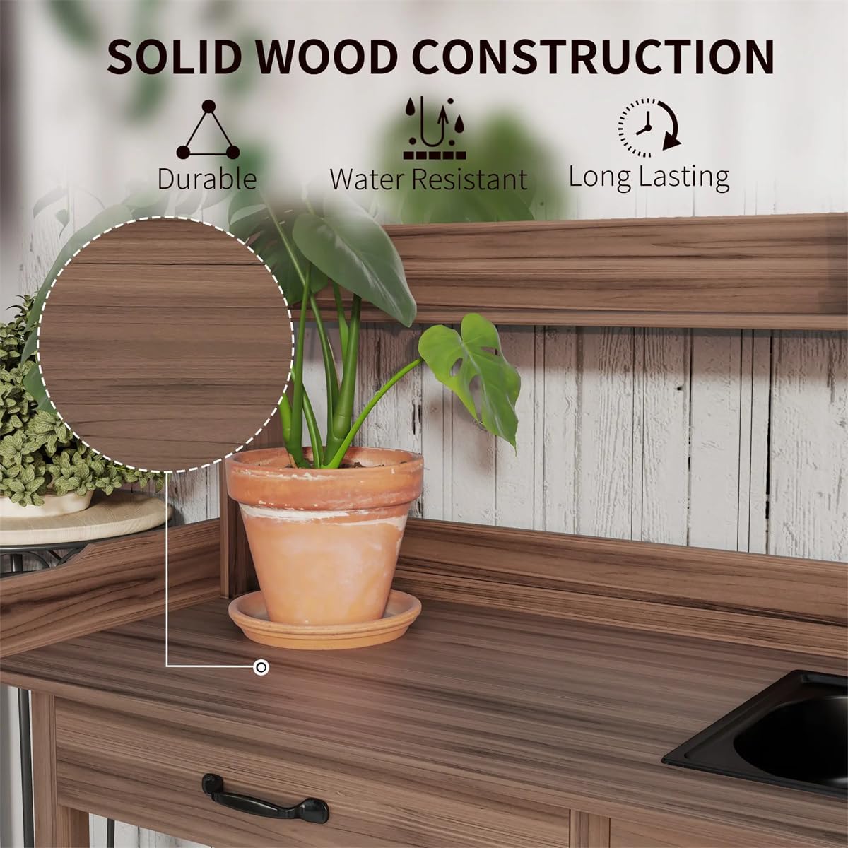 Natural Wood Outdoor Potting Bench with Storage Cabinet,Sink, Faucet and Hooks for Garden Lawn (Brown, 44.5 Inches)
