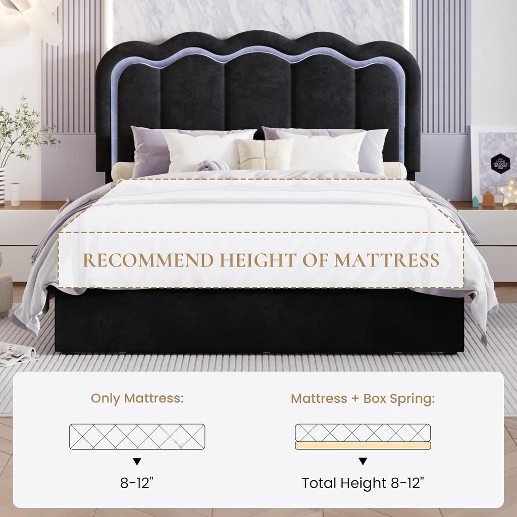 SHA CERLIN Upholstered Full Size Bed Frame with LED Lights and Large Storage Drawer, Velvet Platform Bed with Adjustable Wavy Headboard, Noise Free, Easy Assembly, No Box Spring Needed, Soft Black