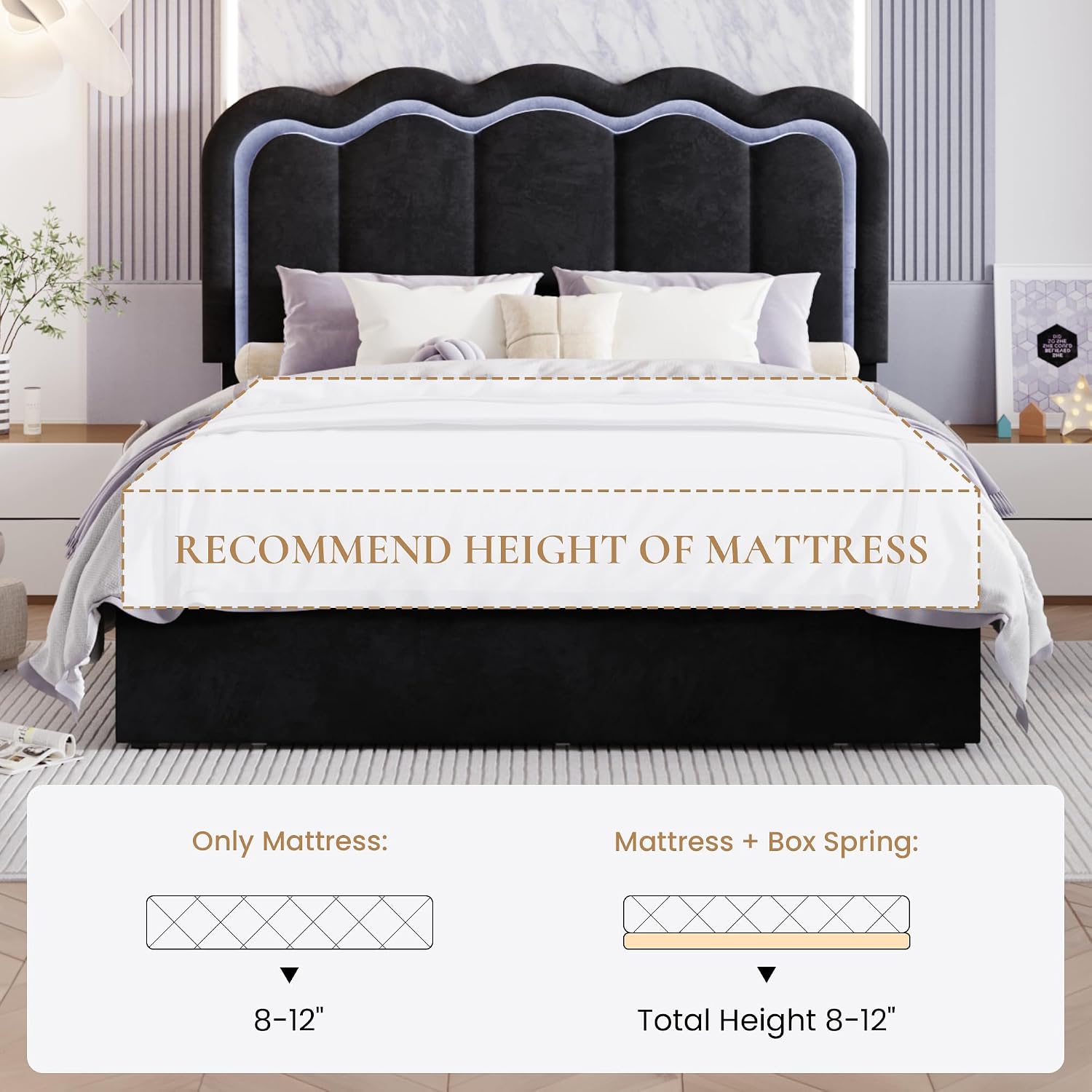SHA CERLIN Upholstered Full Size Bed Frame with LED Lights and Large Storage Drawer, Velvet Platform Bed with Adjustable Wavy Headboard, Noise Free, Easy Assembly, No Box Spring Needed, Soft Black