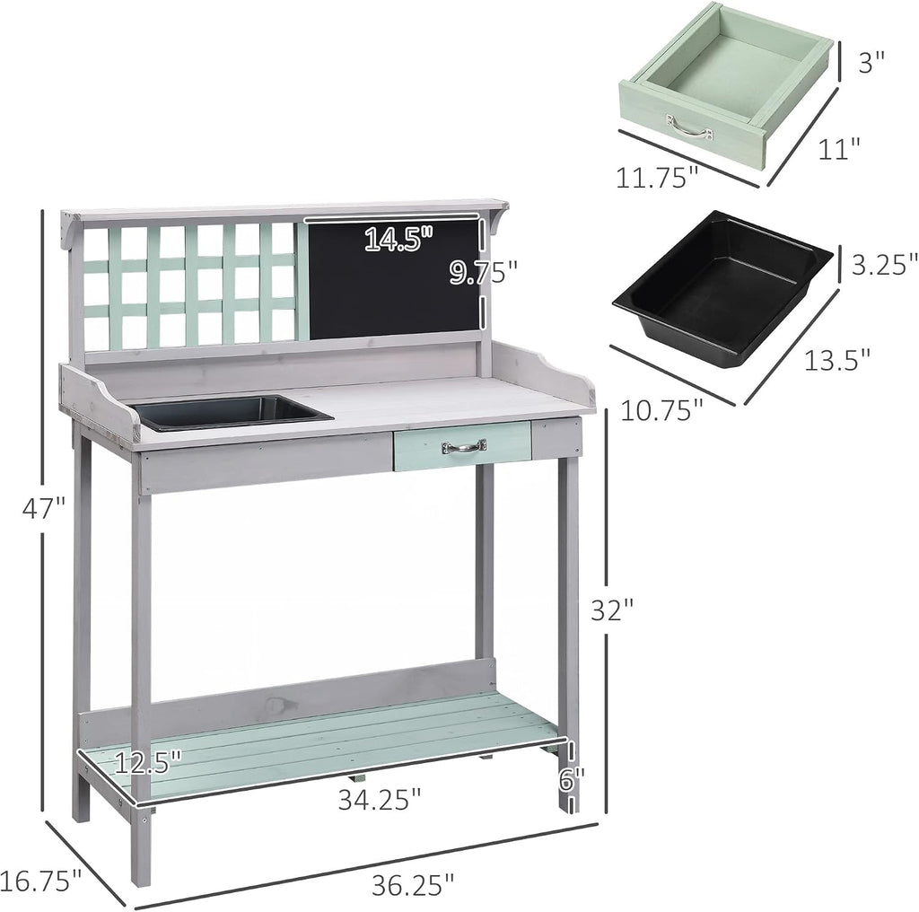 Outdoor Wooden Potting Bench Table with Removable Sink, GWork Bench with Chalkboard, Drawer, Open Shelf Storage, Light Gray