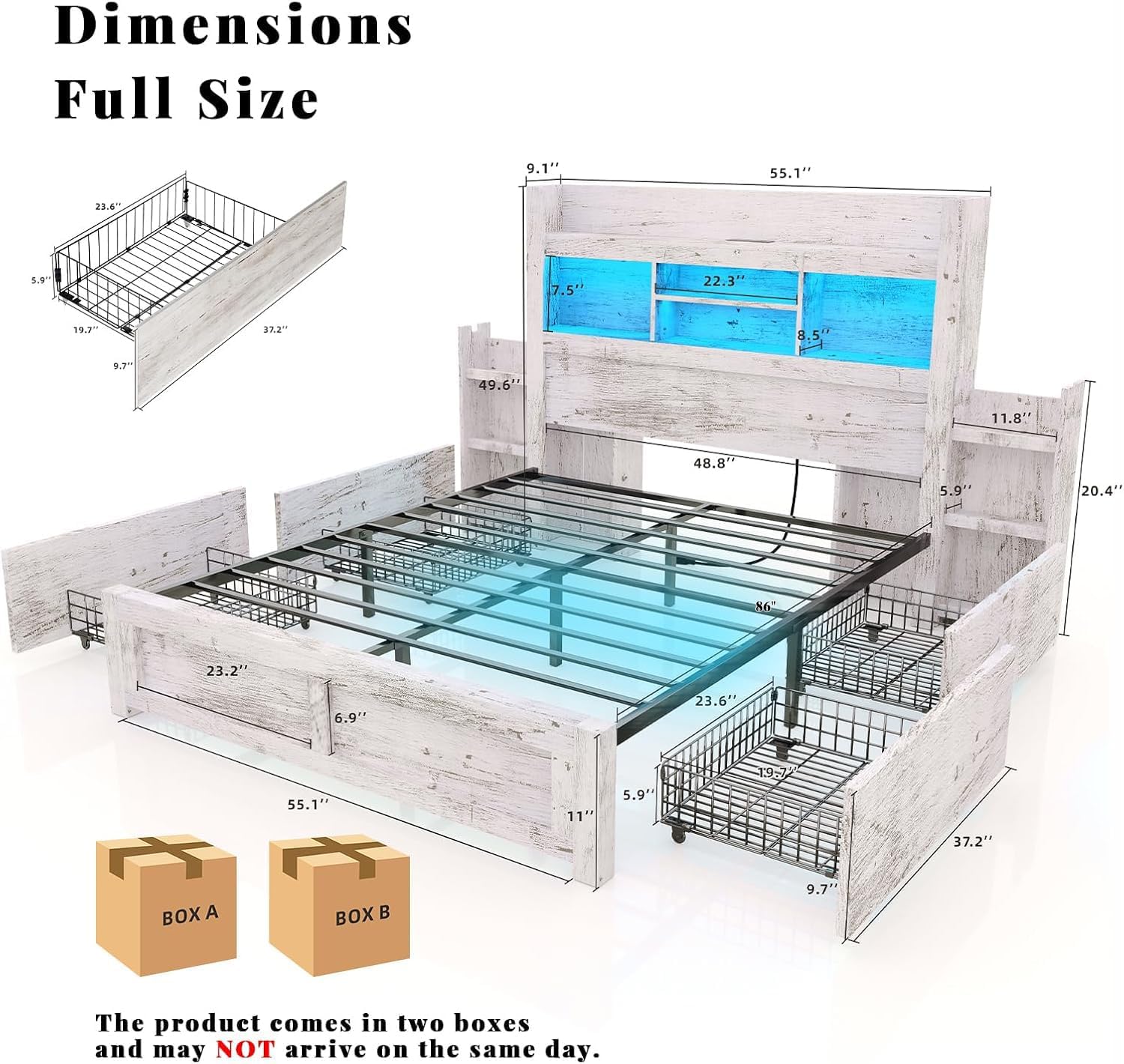 LUXOAK Full Bed Frame with 49.6' Bookcase Headboard & 2 Detachable Bedside Stoage Racks & 4 Drawers, Farmhouse Wood Bed Frame with RGB LED & Charging Station, No Box Spring Needed, Distressed White