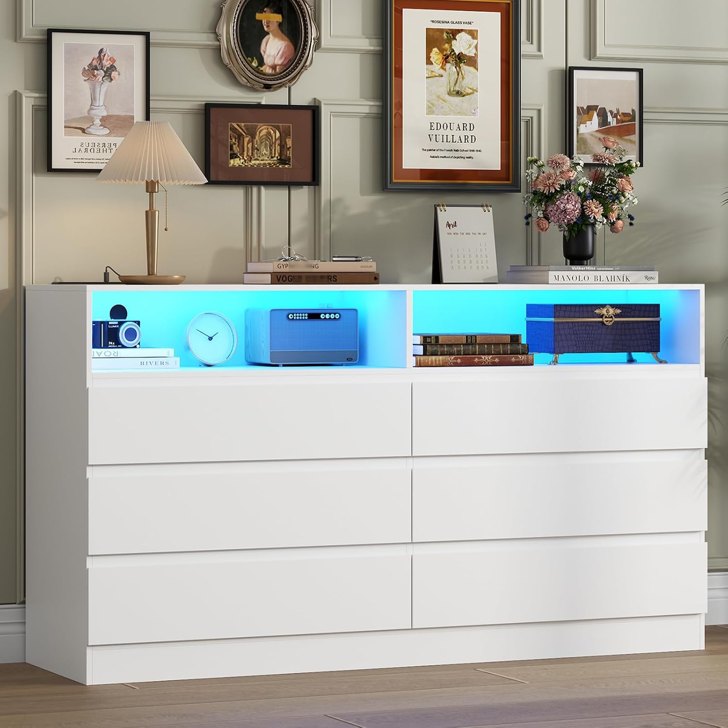 Gyfimoie 6 Drawer Dresser with Power Outlet, Modern White Dresser Chest of Drawers with LED Ligh, Wooden Dressers TV Stand, Double Wide Dressers Organizer for Bedroom, Living Room, Entryway