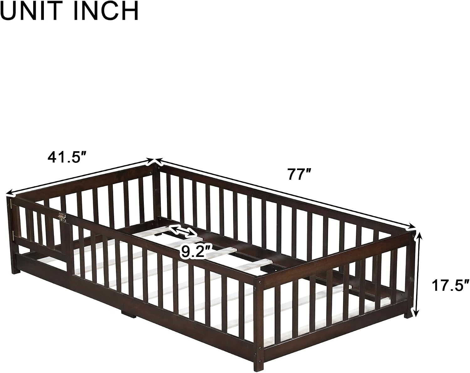 Bellemave Floor Bed for Kids,Twin Size Montessori Floor Bed with Door and Fence,Solid Wood Twin Bed Frame with Removable Slats for Girls Boys,Twin,Espresso