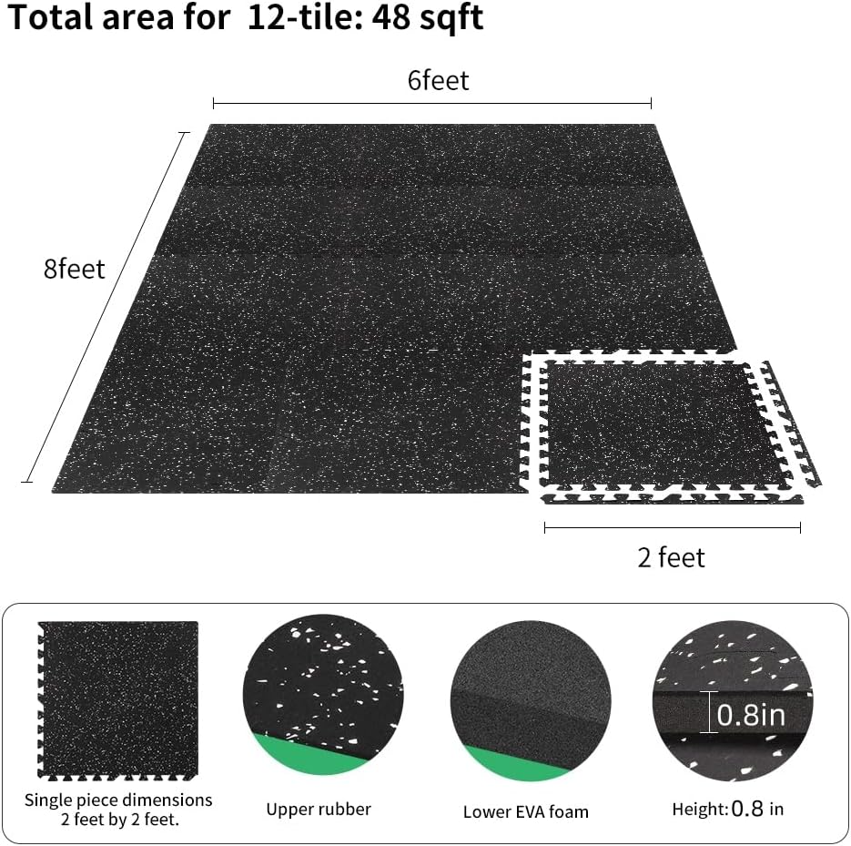 0.8in Thick 48 Sq Ft Gym Flooring for Home Gym, 12 Tiles Workout Exercise Equipment Mats, Rubber Top with EVA Foam, Interlocking Puzzle Floor Tiles for Fitness Room, Protective Flooring Mat