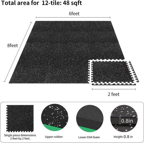 0.8in Thick 48 Sq Ft Gym Flooring for Home Gym, 12 Tiles Workout Exercise Equipment Mats, Rubber Top with EVA Foam, Interlocking Puzzle Floor Tiles for Fitness Room, Protective Flooring Mat
