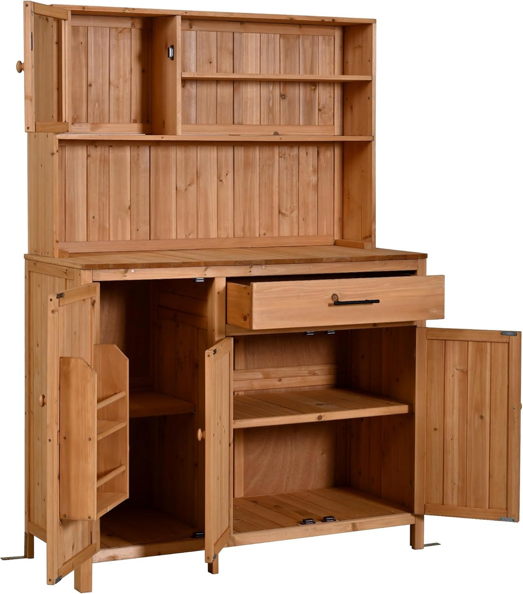 65' H Potting Bench with Hutch and Cabinet, Multi-Functional Outdoor Patio Kitchen Island with Adjustable Shelf and Side Hook, Garden Table with Storage Drawers and Spice Rack Natural