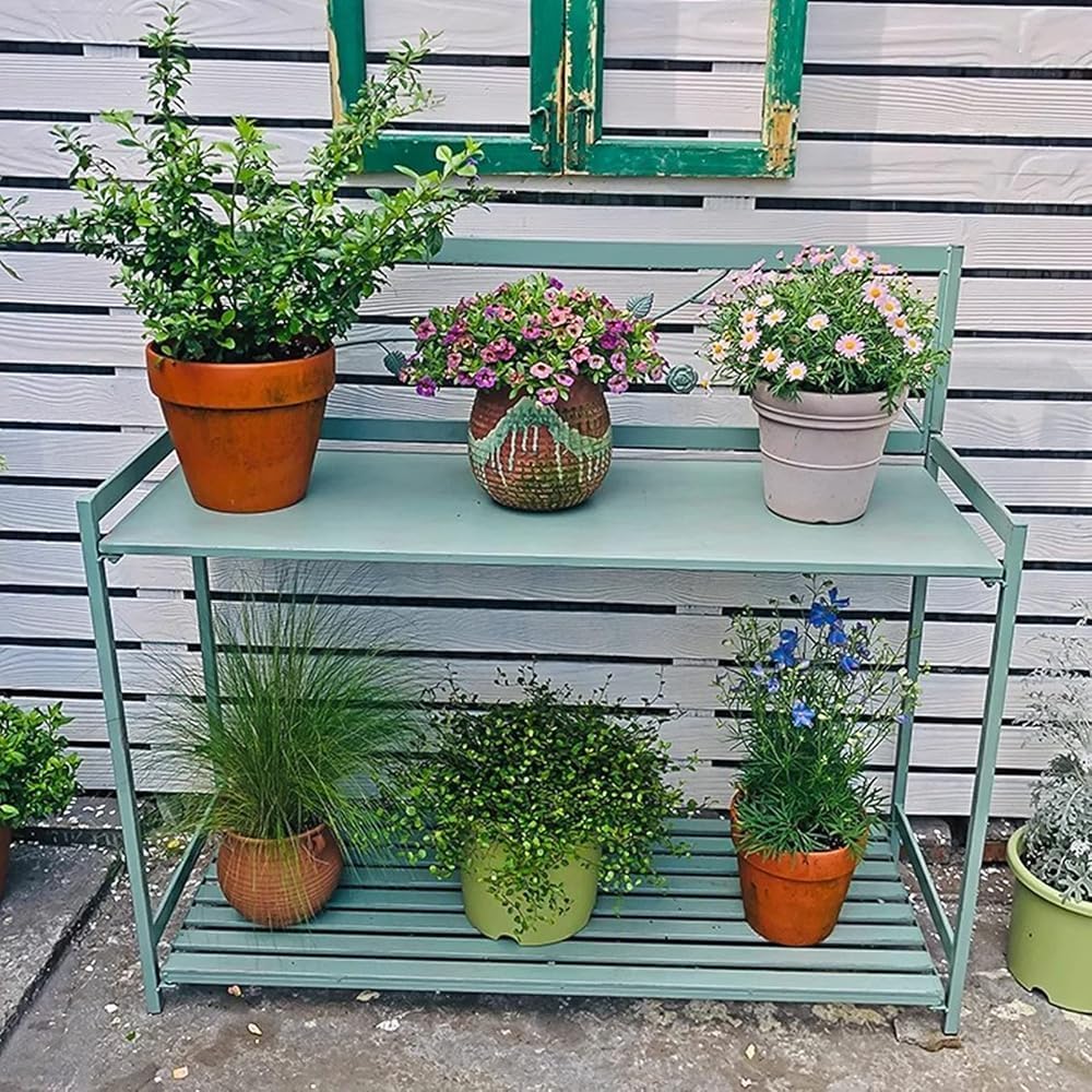 Outdoor Patio Metal Potting Table with 2- Tier Open Shelf, Potting Bench, Garden Work Station Table for Planting (Color:Green)