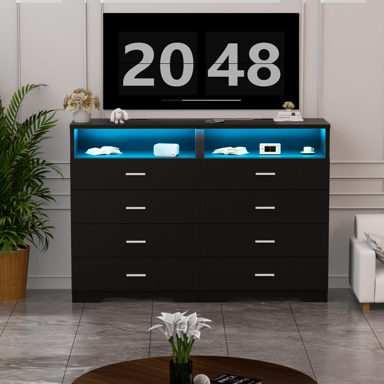 FJTJBSI Dresser with Power Outlets and LED Lights Wooden 4 Drawer Dresser with Large Organizer Tall Black Drawer for Bedroom Modern Chest of Drawers Closet for Living Room Kids Room