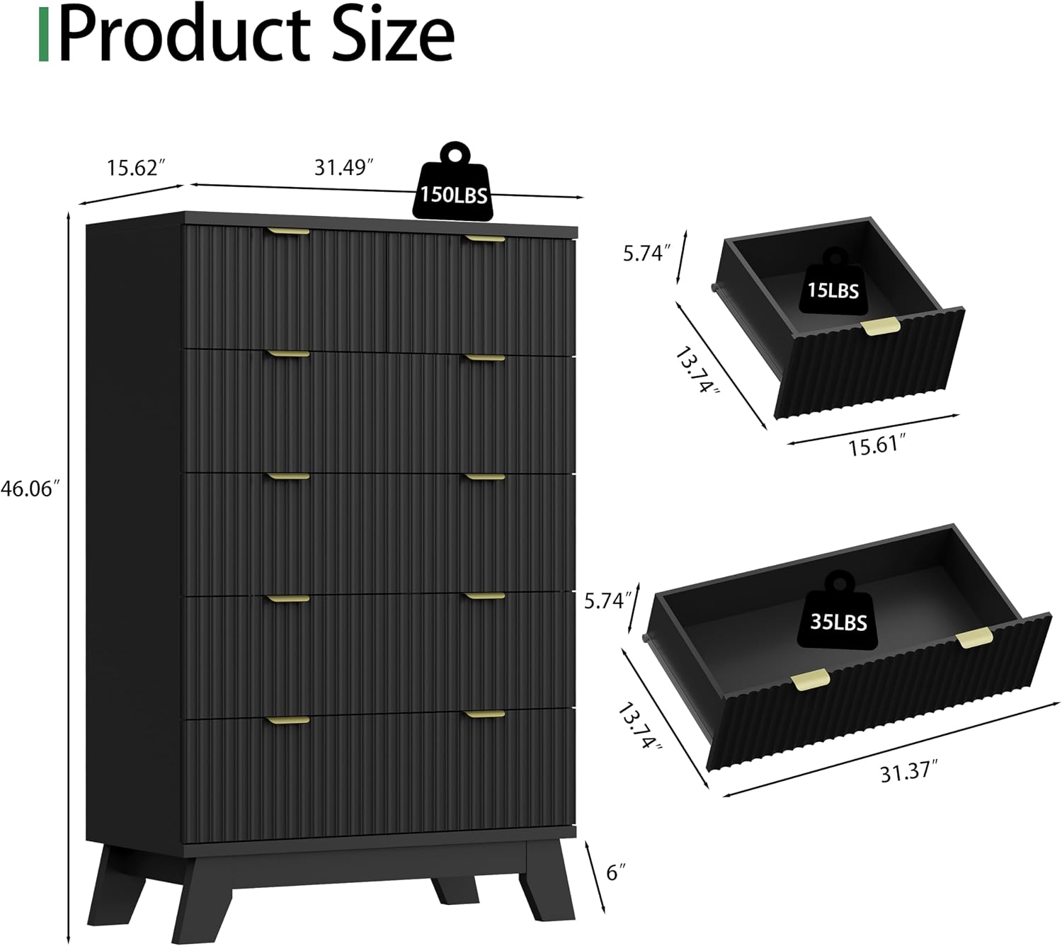 Xixini Fluted Dresser for Bedroom with 6 Drawers, 46' Tall Modern Chest of Drawers with Metal Handle, Wooden Dresser TV Stand, Wood Closet Clothes Storage Organizer for Living Room, Hallway, Black