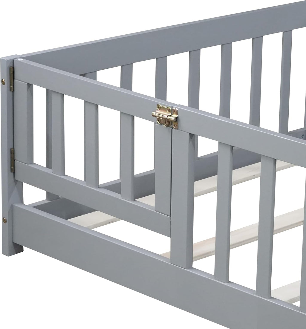 Bellemave Twin Size Floor Bed with Door and Fence for Kids, Montessori Floor Bed with Slats and Safety Guardrails,Solid Wood Twin Bed Frame for Girls Boys(Twin,Gray)