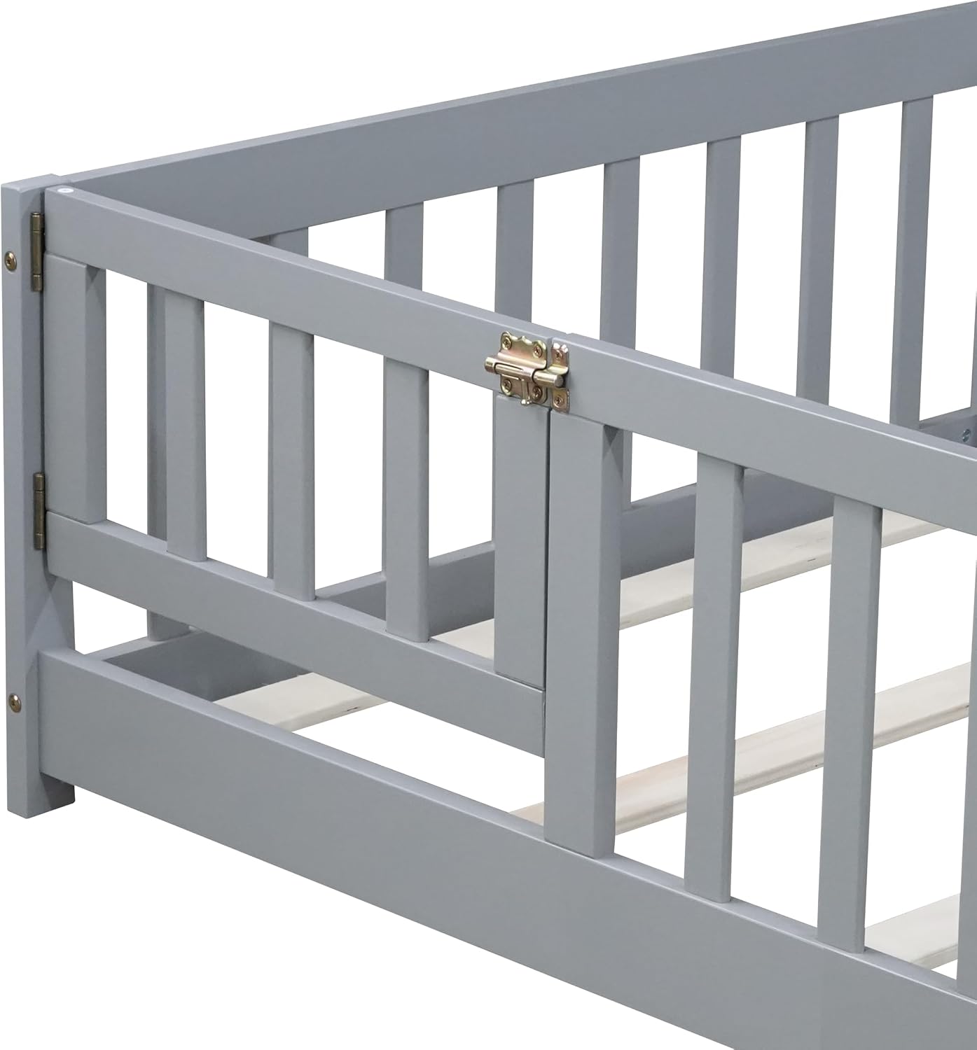 Bellemave Twin Size Floor Bed with Door and Fence for Kids, Montessori Floor Bed with Slats and Safety Guardrails,Solid Wood Twin Bed Frame for Girls Boys(Twin,Gray)