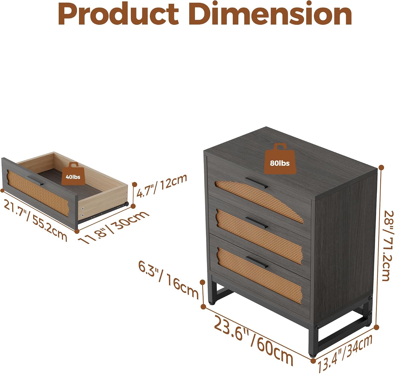 Mericonia 3 Drawer Rattan Dresser for Bedroom, Wood Dresser for Closet with Metal Handles, Small Boho Nightstand Sets, Dressers & Chests of Drawers for Bedroom, Hallway and Entryway, Black