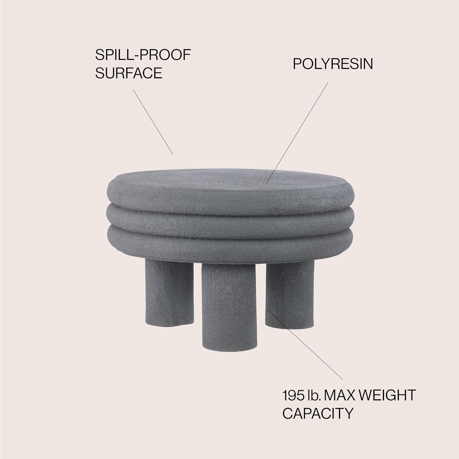 JONATHAN Y Rashida 13.5' Ribbed Polyresin Indoor Outdoor Table, Gray | Contemporary Curvy Minimalist Silhouette, Stacked Ring Motif, Tripod Pillar Base, Weather Resistant, Frosted Finish