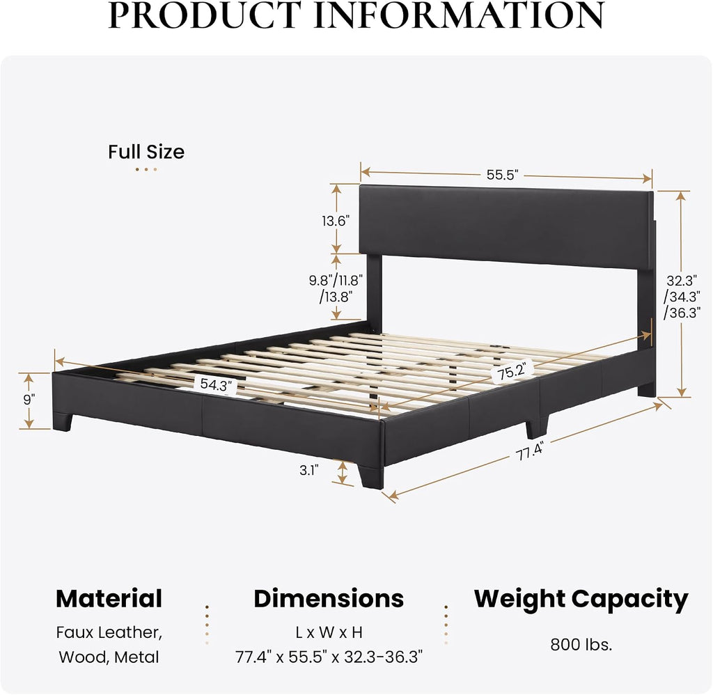 SHA CERLIN Full Size Platform Bed Frame with Clean Line Fabric & Adjustable Headboard, Wood Slats Support, No Box Spring Needed, Easy Assembly, Black