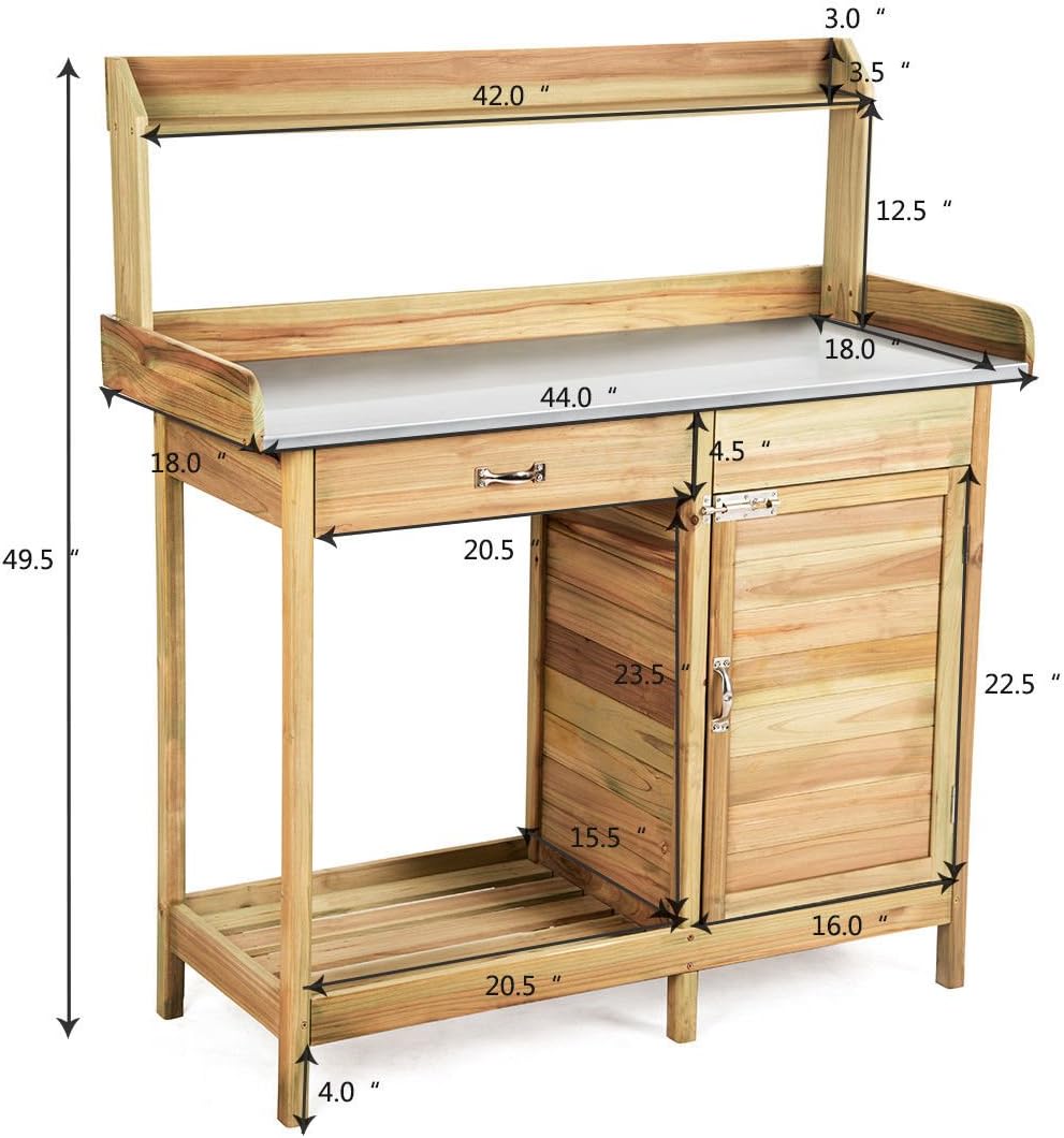 Outdoor Potting Bench Garden Wooden Work Station Metal Tabletop Cabinet Drawer