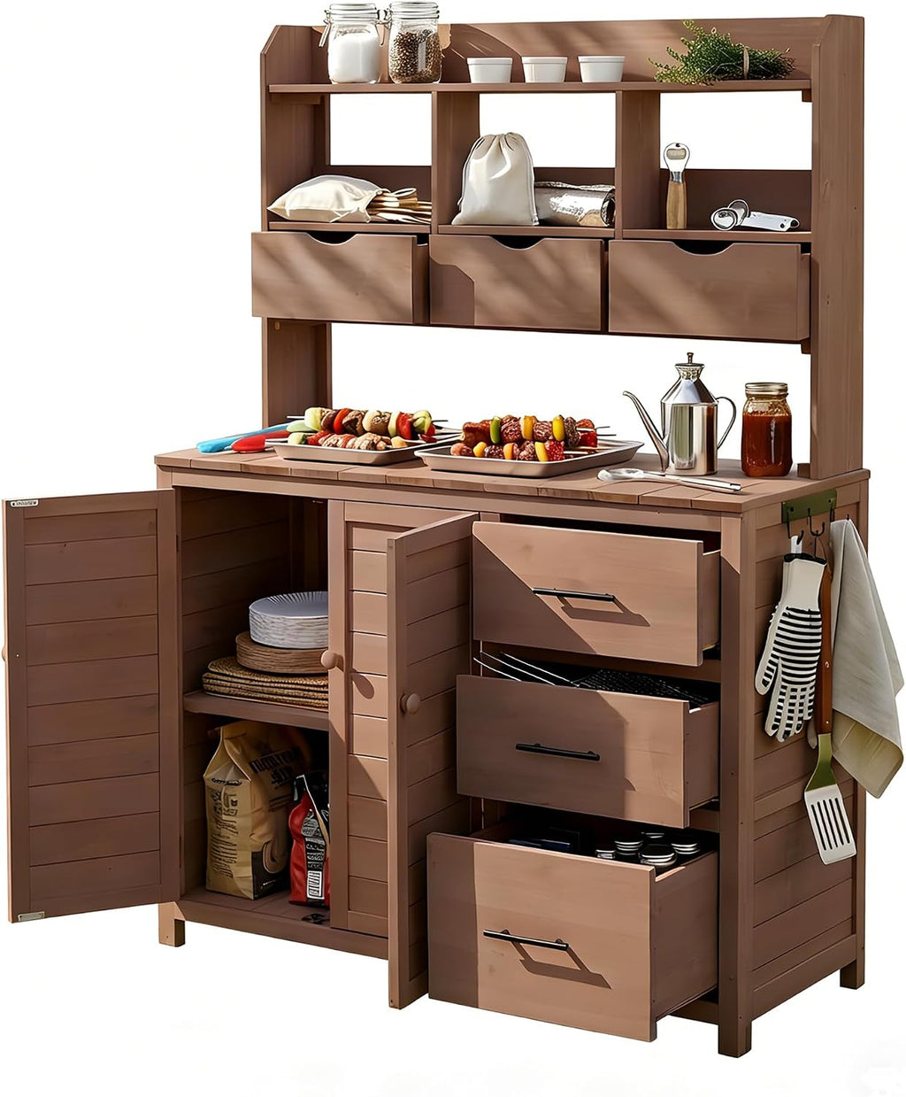 Roomfitters Garden Potting Bench with Storage Hutch, Outdoor Potting Table with 6 Drawers and Cabinets, Shelves, Brown