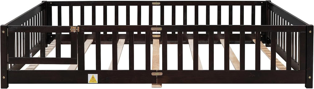 Queen Size Floor Bed with Door and Fence for Kids, Montessori Floor Bed with Slats and Safety Guardrails,Solid Wood Queen Bed Frame for Girls Boys(Queen,Espresso)
