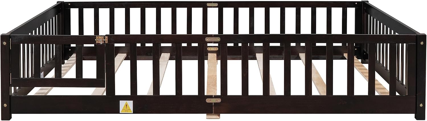 Queen Size Floor Bed with Door and Fence for Kids, Montessori Floor Bed with Slats and Safety Guardrails,Solid Wood Queen Bed Frame for Girls Boys(Queen,Espresso)