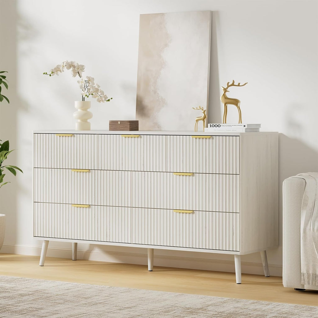 LYNSOM 55' Wide Fluted Dresser for Bedroom with 7 Drawer, Modern Chest of Drawers with Curved Profile Design and Metal Handles, Wood Dresser TV Stand & Storage Organizer for Living Room, White