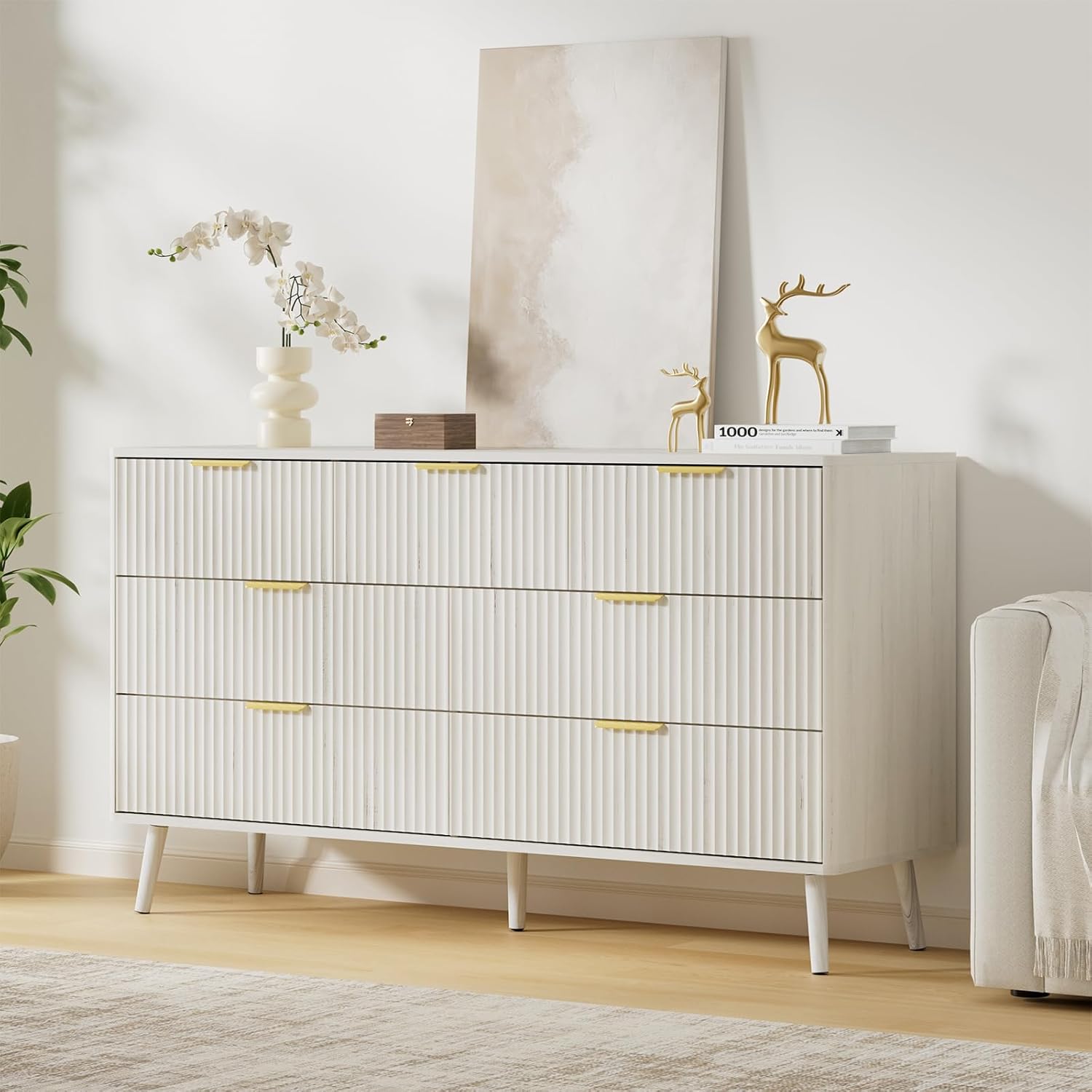 LYNSOM 55' Wide Fluted Dresser for Bedroom with 7 Drawer, Modern Chest of Drawers with Curved Profile Design and Metal Handles, Wood Dresser TV Stand & Storage Organizer for Living Room, White