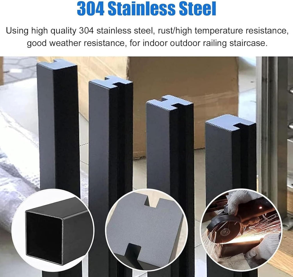Custom Heights Wall Side Mount Black Glass Railing Post Side Mount, Outdoor Pool Fence Panels Baluster Post, Deck Railing System with Complete Kit for Exterior Steps Villas Balcony/ Stairway(Right End