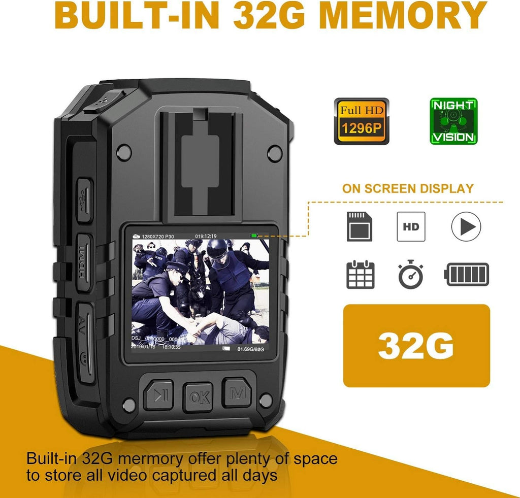 1296P HD Police Body Camera,32G Memory,CammPro I826 Premium Portable Body Camera,Waterproof Body-Worn Camera with 2 Inch Display,Night Vision,GPS for Law Enforcement Recorder,Security Guards,Personal