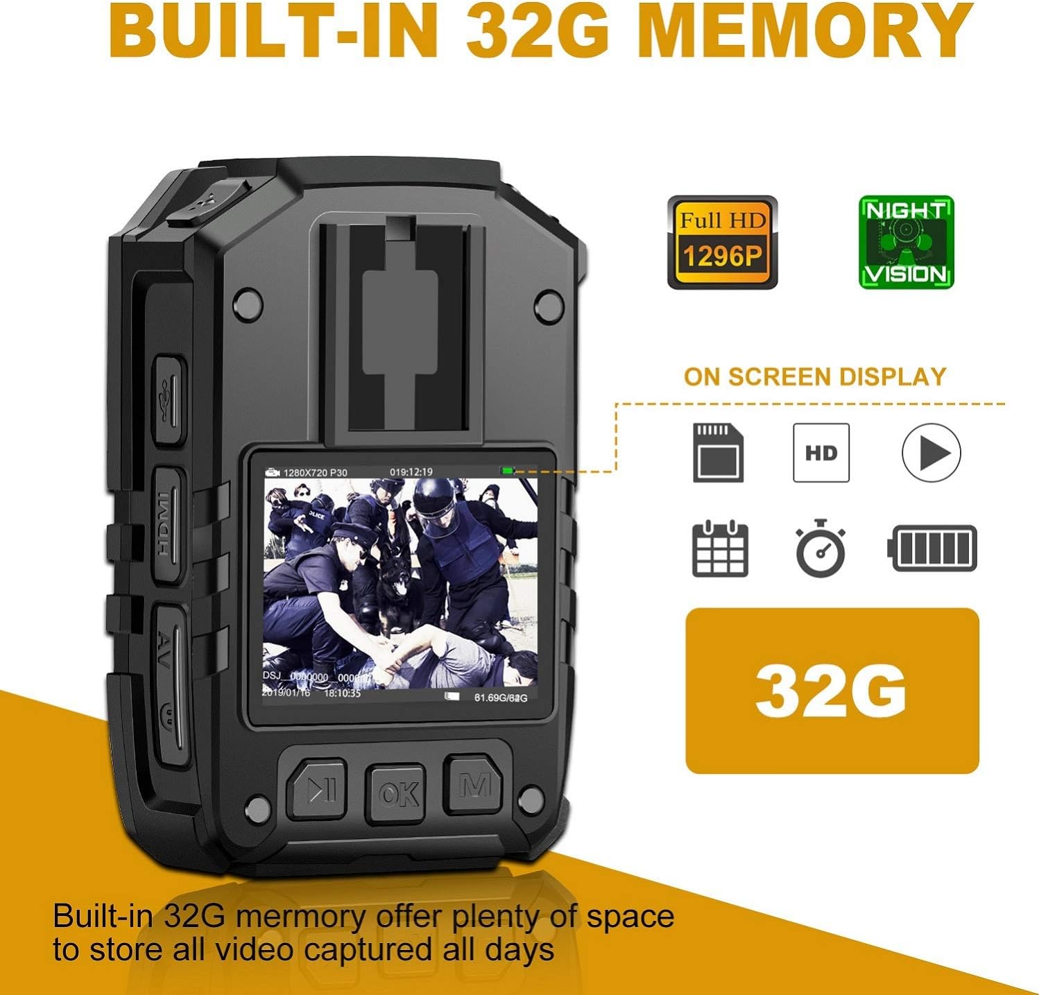 1296P HD Police Body Camera,32G Memory,CammPro I826 Premium Portable Body Camera,Waterproof Body-Worn Camera with 2 Inch Display,Night Vision,GPS for Law Enforcement Recorder,Security Guards,Personal