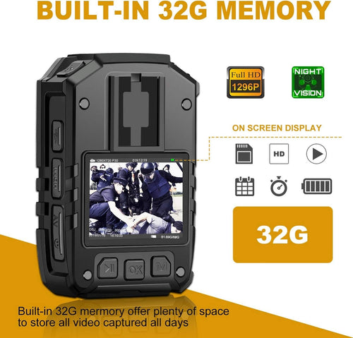 1296P HD Police Body Camera,32G Memory,CammPro I826 Premium Portable Body Camera,Waterproof Body-Worn Camera with 2 Inch Display,Night Vision,GPS for Law Enforcement Recorder,Security Guards,Personal