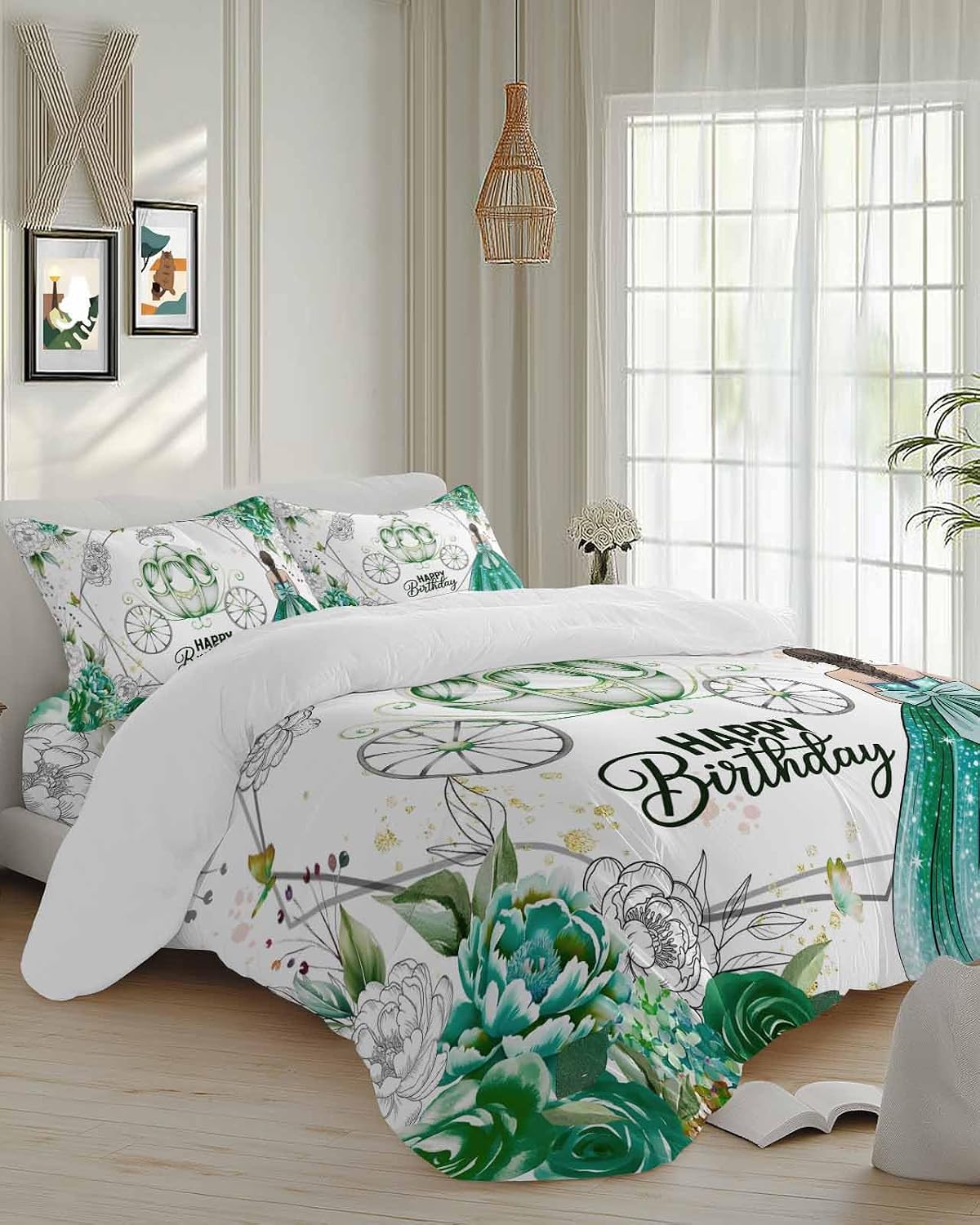 Happy Birthday Duvet Cover Queen Size - 4 Pieces Bedding Set, Green Luxury Dress Crown Carriage Flowers Bedding Comforter Covers Zipper Closure, 1 Duvet Covers 1 Fitted Sheet 2 Pillow Shams