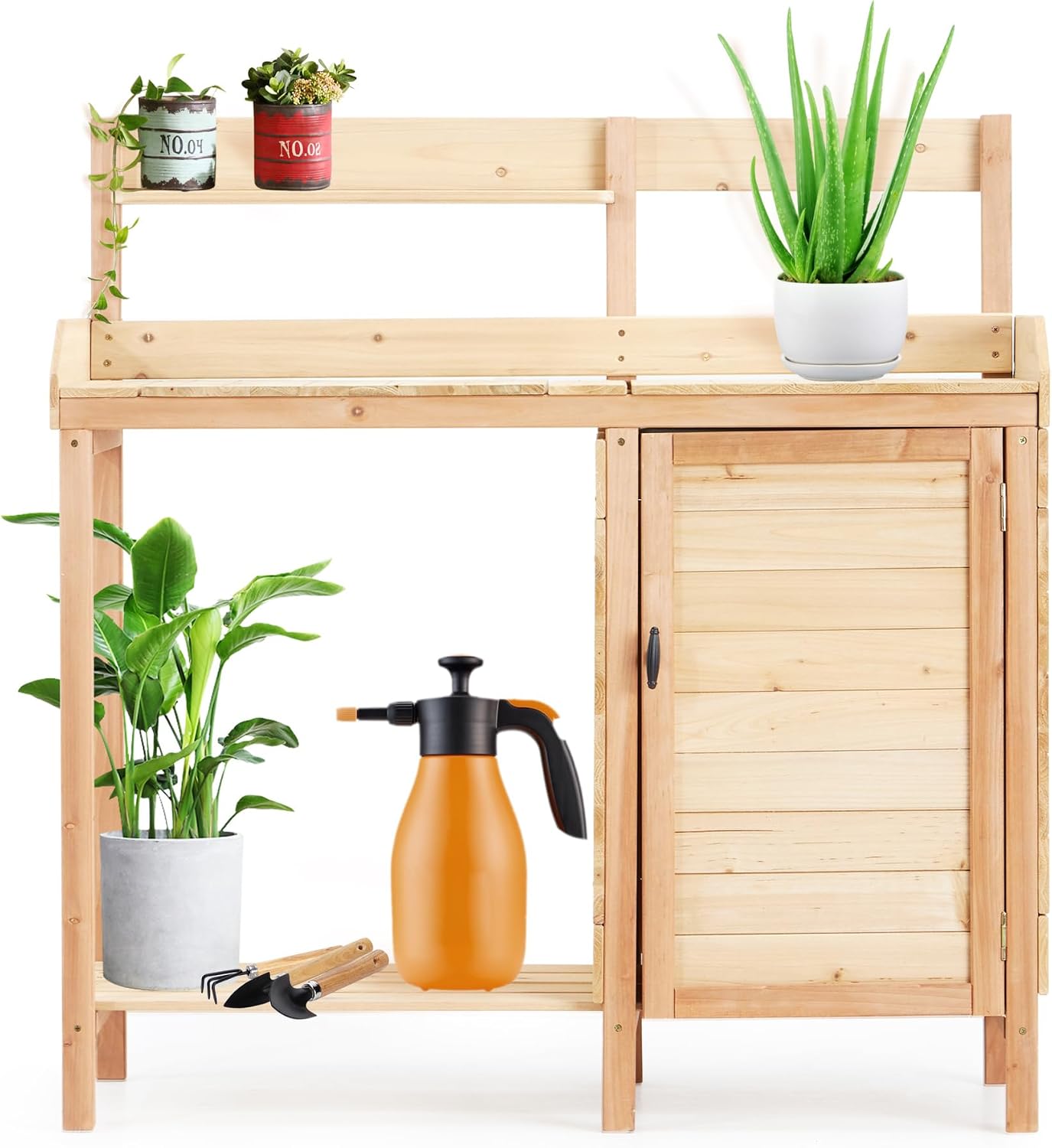 Outdoor Potting Bench Table with Sink and Storage Cabinet - Gardening Workstation for Patio and Lawn Organization with Sliding Tabletop and Tool Hooks