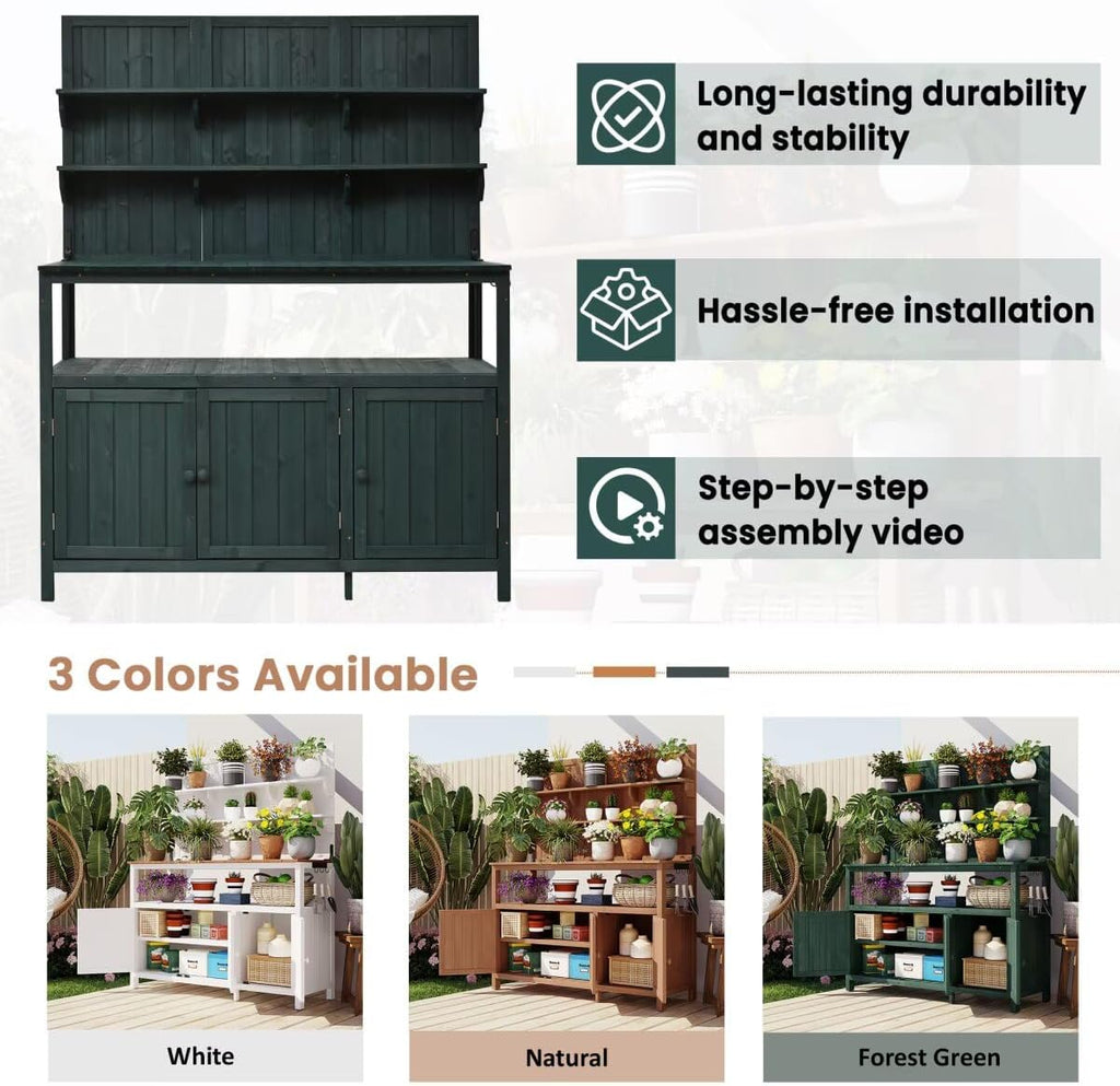 JIJIWANG Potting Bench with Hutch, 50.2' Solid Fir Wood Garden Workstation, Large Countertop, 2 Shelves, 2 Cabinets, 3 Side Hooks, Outdoor Planting Table for Gardening, Forest Green