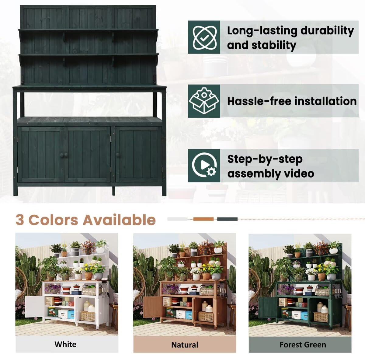 JIJIWANG Potting Bench with Hutch, 50.2' Solid Fir Wood Garden Workstation, Large Countertop, 2 Shelves, 2 Cabinets, 3 Side Hooks, Outdoor Planting Table for Gardening, Forest Green