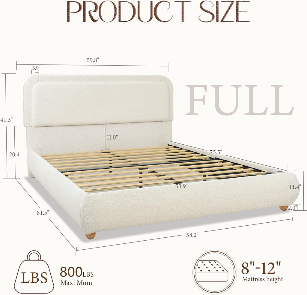 Yechen Boucle Cloud Full Bed Frame with Round Corner Headboard, Upholstered Soft Trendy Bedframe with Solid Wood Legs, Boho Cute Bed with Wooden Slats, Easy Assembly, No Box Spring Required, Beige