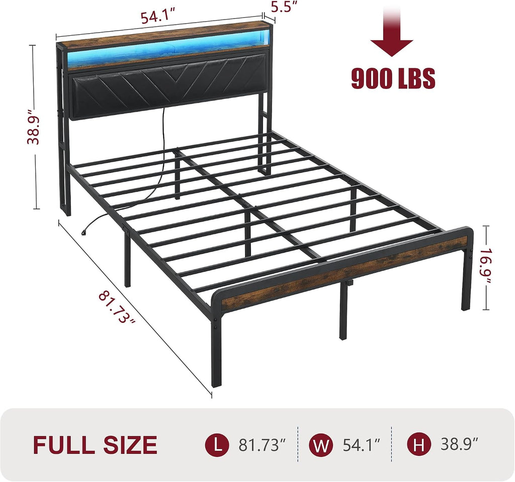 Bellemave Full Size Bed Frame with Charging, Full Bed Frame with Headboard and Charging Station, Brown Platform BedFrame with Led Lightstation, No Box Spring Needed, (Full, Black and Brown)