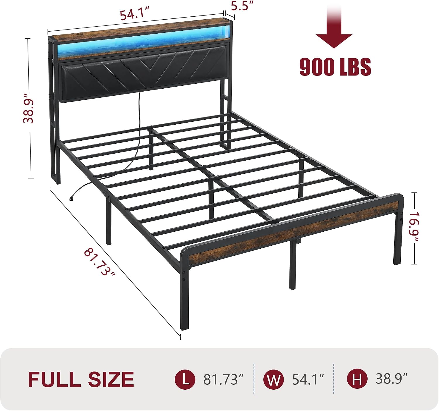Bellemave Full Size Bed Frame with Charging, Full Bed Frame with Headboard and Charging Station, Brown Platform BedFrame with Led Lightstation, No Box Spring Needed, (Full, Black and Brown)