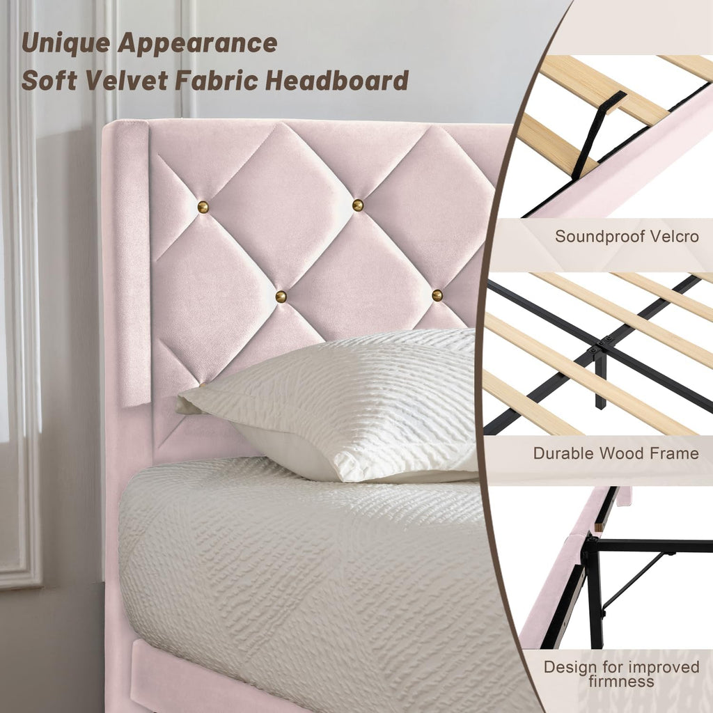 Queen Size Platform Bed Frame with Velvet Headboard, Sturdy Wooden Slats Support, Mattress Foundation, No Box Spring Required, Non-Slip and Noise-Free, Easy Assembly, Pink